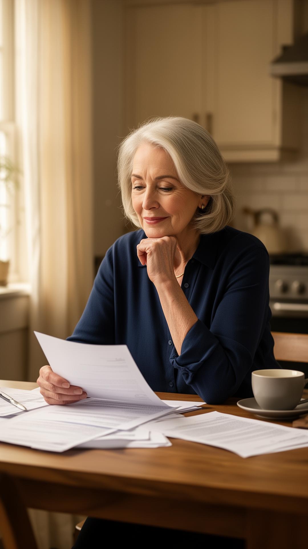 Woman thoughtfully reviewing Medicare documents at her kitchen table