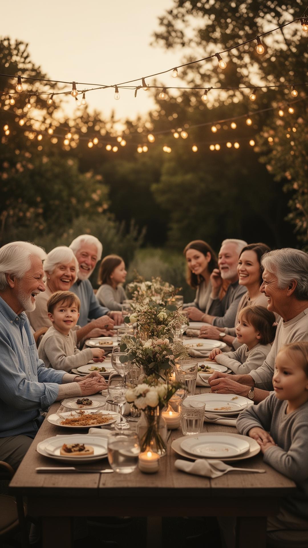 Multigenerational family gathered around an outdoor dinner table at golden hour