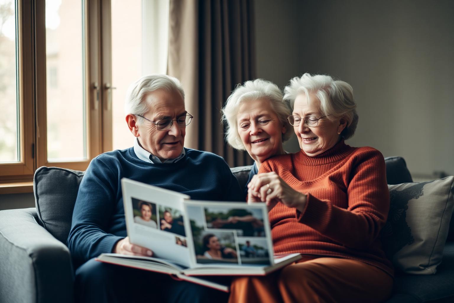 Senior couple reviewing a family photo album together