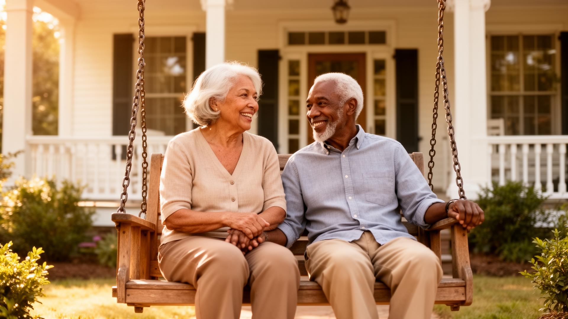Senior couple enjoying retirement on a sunlit porch